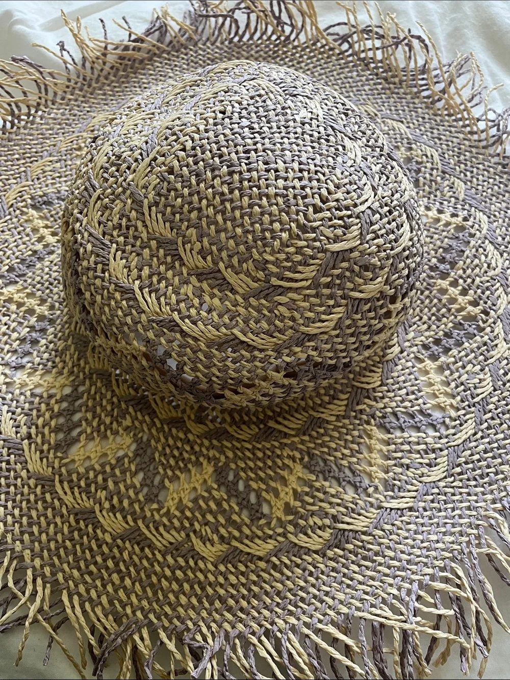 Woven Straw Sun Hat in Beige and Light purple